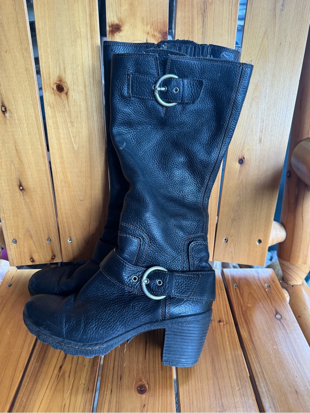 boc Black Leather Mid-Calf Heeled Buckle Boots